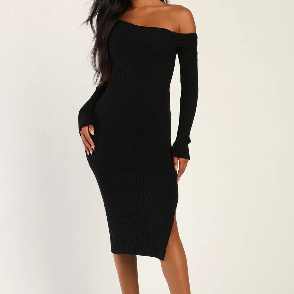 Fireside Sweetie Black Off-the-Shoulder Midi Sweater Dress | Lulus | Size S